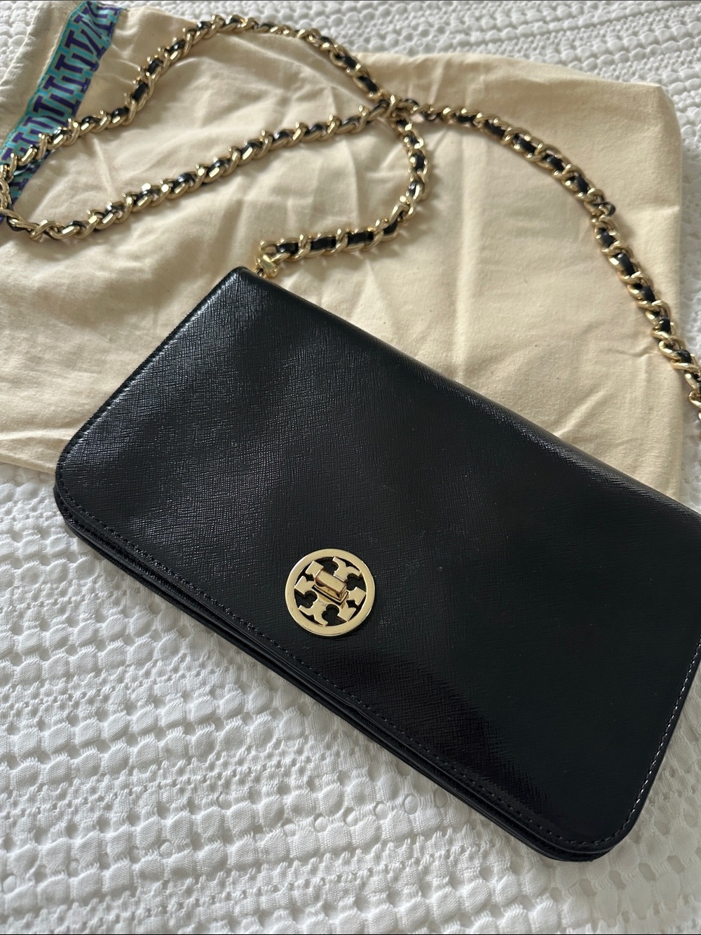 Tory Burch Black Leather Logo Flap Chain Crossbody